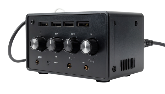 Small black audio amplifier with knobs