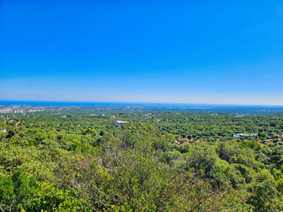 Fototapeta premium View of a lake and mountains. Sea and sky during summer vacation. A landscape surrounded by nature and the sacred way. Landscape view over the treetops to a lake in the summer. Flowers and more.