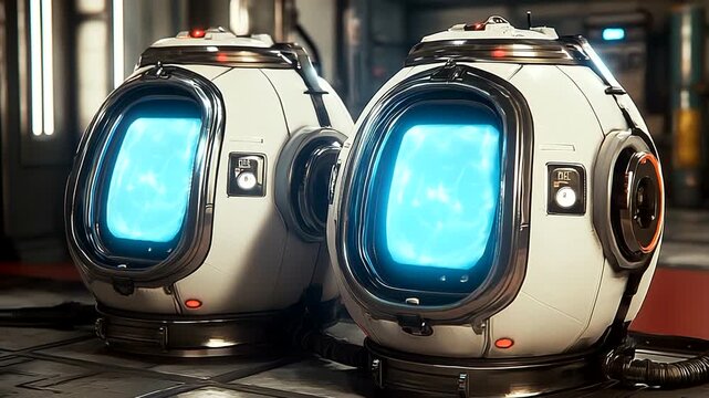 Futuristic Sci-Fi Cryo Pods in a Sleek White and Chrome Medical Bay with Glowing Blue Screens