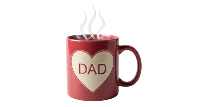 Isolated red mug with heart design that says DAD makes a nice gift for Father's Day