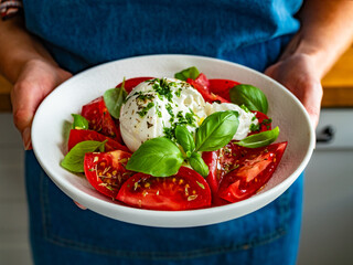 Woman holding bowl with Caprese salad - tomatoes, fresh basil leaves and burrata cheese, close-up