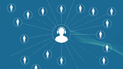 Vector art of customer service network connecting people with a central point of contact