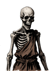 Fantasy RPG old school drawing of an emaciated undead peasant with grayish flesh stretched over bone, hollow black eyes and tattered brown tunic, horror monster design for roleplay
