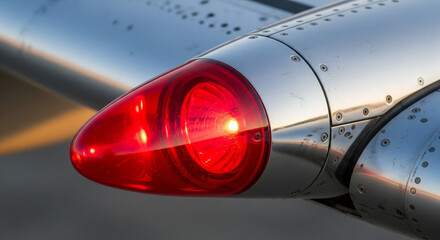 Red Navigation Light on a Polished Metal Aircraft Wing at Sunset
A close-up, detailed shot of a vibrant red navigation light on the wing of a vintage or private aircraft
