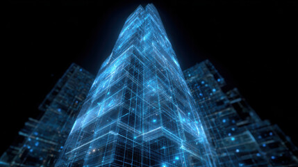 Futuristic holographic skyscraper glowing blueprint with digital grid energy pulse
