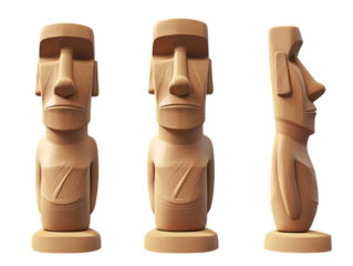 Three wooden moai statues showing front and side views isolated on transparent background