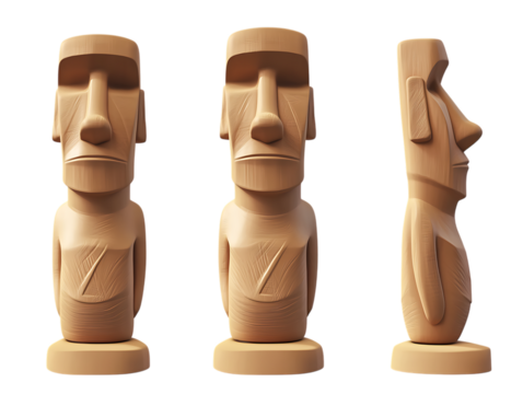 Three wooden moai statues showing front and side views isolated on transparent background