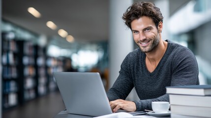 Smiling handsome businessman with beard working on laptop computer in modern office environment or cafe, looking confident and successful