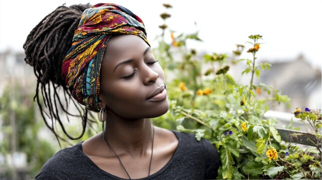 A tranquil and serene portrait of a young Black woman with her eyes closed, wearing a colorful headwrap in a beautiful outdoor garden setting. - Powered by Adobe