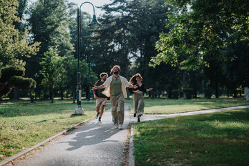 Naklejka premium A joyful group of friends running along a path in a lush green park on a sunny day. The sunlight filters through the trees, creating a serene and energetic atmosphere of togetherness.