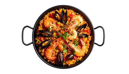 Overhead view of a paella dish