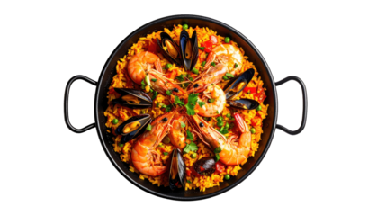Overhead view of a paella dish