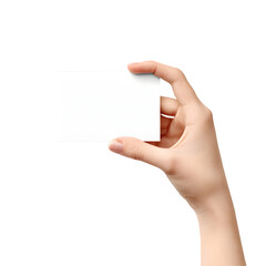 A persons hand holding a blank white business card or credit card, isolated on a transparent background, perfect for mockups and design concepts