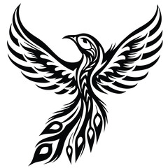 Tribal phoenix spreads its decorative wings with an intricate pattern, a symbol of rebirth