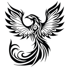 Phoenix spreads its ornate wings majestically in stylized black lines against a white background