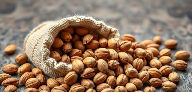 A small esparto bag overflowing with shelled almonds,  texture,   farm fresh