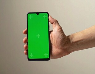 A hand holds a smartphone with a green screen and markers, perfect for product or app promotion.