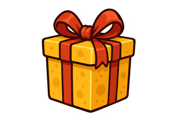 Obraz premium Cheese gift box with red ribbon bow. Vector cartoon illustration for birthday, Christmas, anniversary. Funny food present concept. Gourmet surprise package for celebration.