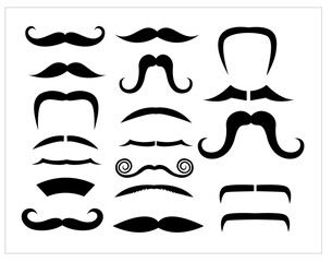 Collection of various mustache styles in black color on white background.