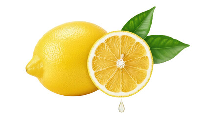 Isolated whole lemon fruit and a slice with two leaves on plain backdrop, fresh and vibrant