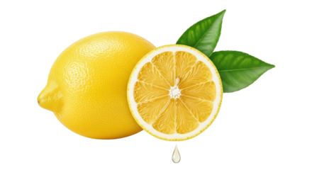 Isolated whole lemon fruit and a slice with two leaves on plain backdrop, fresh and vibrant