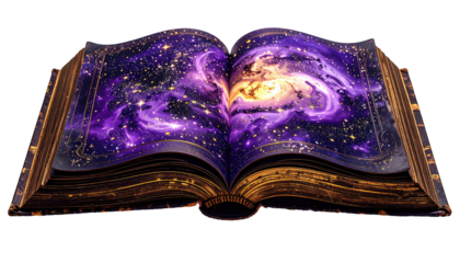 An open, ornate book revealing a vibrant cosmic scene
