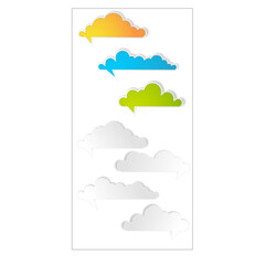 Colorful and monochrome cloud-shaped speech bubbles or thought balloons.