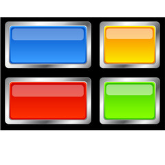 Colorful glossy buttons with metallic frames on black background.
