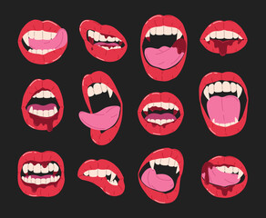 Hand drawn cartoon set of Halloween with vampire open mouth, fangs and tongue. Female red lips with long pointed canine teeth and blood. Vintage design for holiday decoration, card, print, invitation