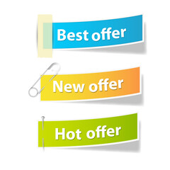 Colorful offer labels with text for promotions and special deals on white background.