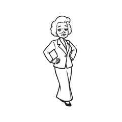 Obraz premium Old woman in formal clothes black and white vector illustration simple minimalist portrait design