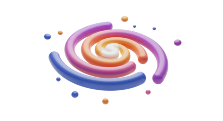 This vibrant 3D abstract spiral, with colorful swirling bands and floating spheres, elegantly symbolizes dynamic data flow, network, and digital innovation.