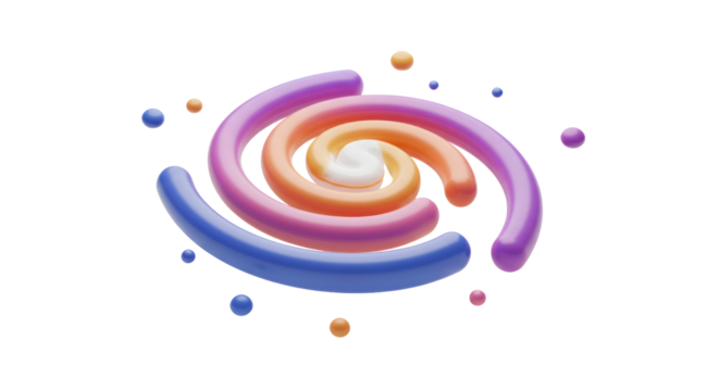 This vibrant 3D abstract spiral, with colorful swirling bands and floating spheres, elegantly symbolizes dynamic data flow, network, and digital innovation.