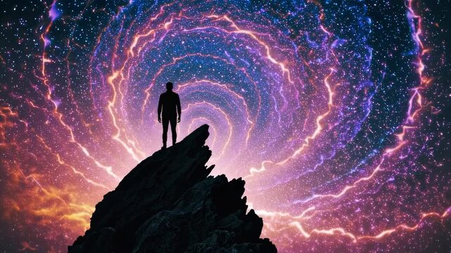 Mystical cosmic vortex spiraling behind silhouetted figure on mountain peak, surreal fantasy scene with vibrant galaxy colors symbolizing introspection and universal connection