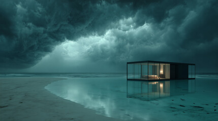Wide shot ,  A black modern house mirror square shape is in the center of the sea , dark mood.