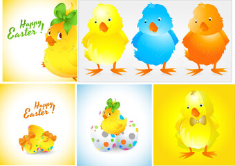 Easter Chickens in Various Colors and Poses for Holiday Celebrations.