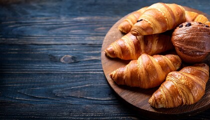freshly baked croissants on brown wooden background warm fresh buttery croissants and rolls french and american croissants and baked pastries vertical photo