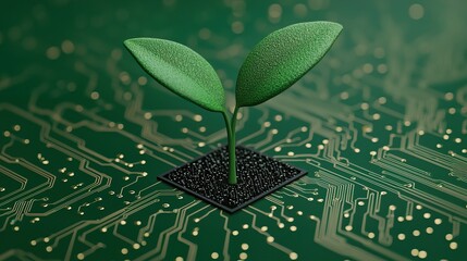 A conceptual image of a growing seedling emerging from a digital circuit board, tech finance, green growth