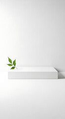 Minimalist White Podium with Green Leaf on Clean Studio Background