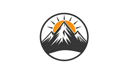 A circular graphic design of a mountain peak with a sunrise