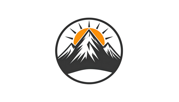 A circular graphic design of a mountain peak with a sunrise