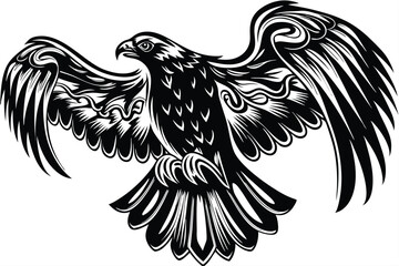 Powerful black eagle soars with spread wings in an abstract, stylized monochrome