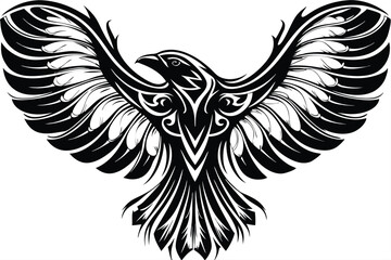 Obraz premium Majestic black bird soars with elaborately detailed open wings in monochrome silhouette