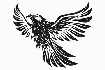 Majestic black eagle soars powerfully with wings spread on the white background