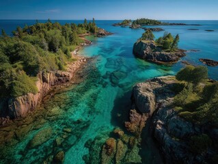 Aerial view, crystalline waters embracing island shores, lush greenery