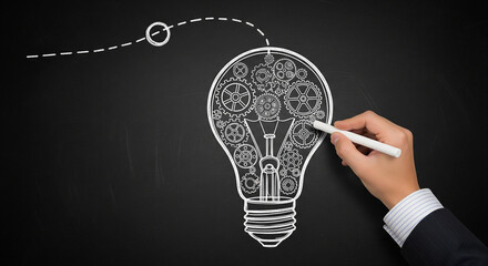 Hand drawing a light bulb filled with gears and cogs on a blackboard, representing idea generation and innovative thinking
