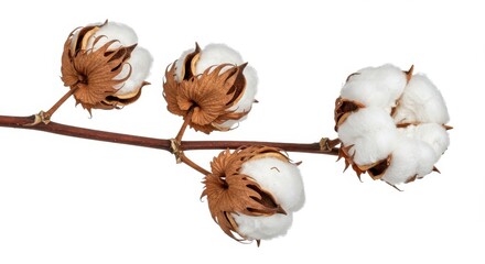 Cotton branch with open bolls isolated on white background studio shot