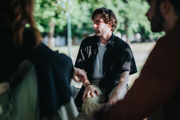 A group of friends engages in pleasant conversation while sitting in a park on a sunny day.