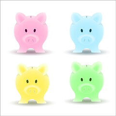 Four cute piggy shaped candles in different pastel colors pink blue yellow green.