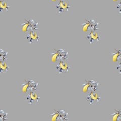 Watercolor textile pattern featuring yellow fruits and leaves on a gray background
